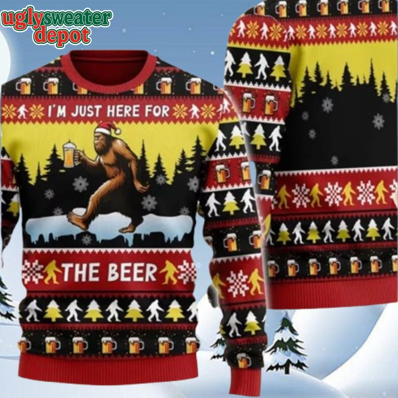 Bigfoot I’m Just Here For The Beer Ugly Christmas Knitted Sweater