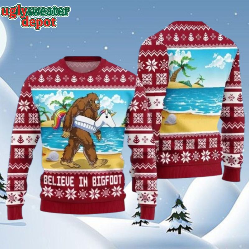 Bigfoot On Summer Island Relax Ugly Christmas Sweater