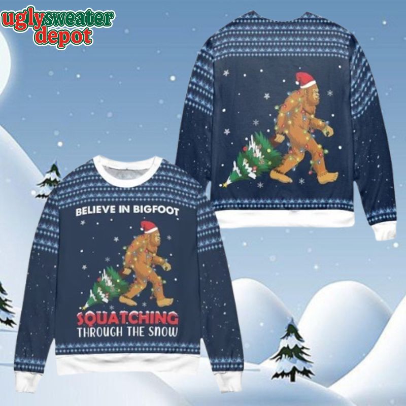 Bigfoot Squatching Throught The Snow Ugly Christmas Sweater
