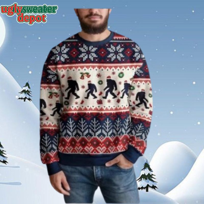 Bigfoot Waliking At Christmas Night Ugly Christmas Sweater