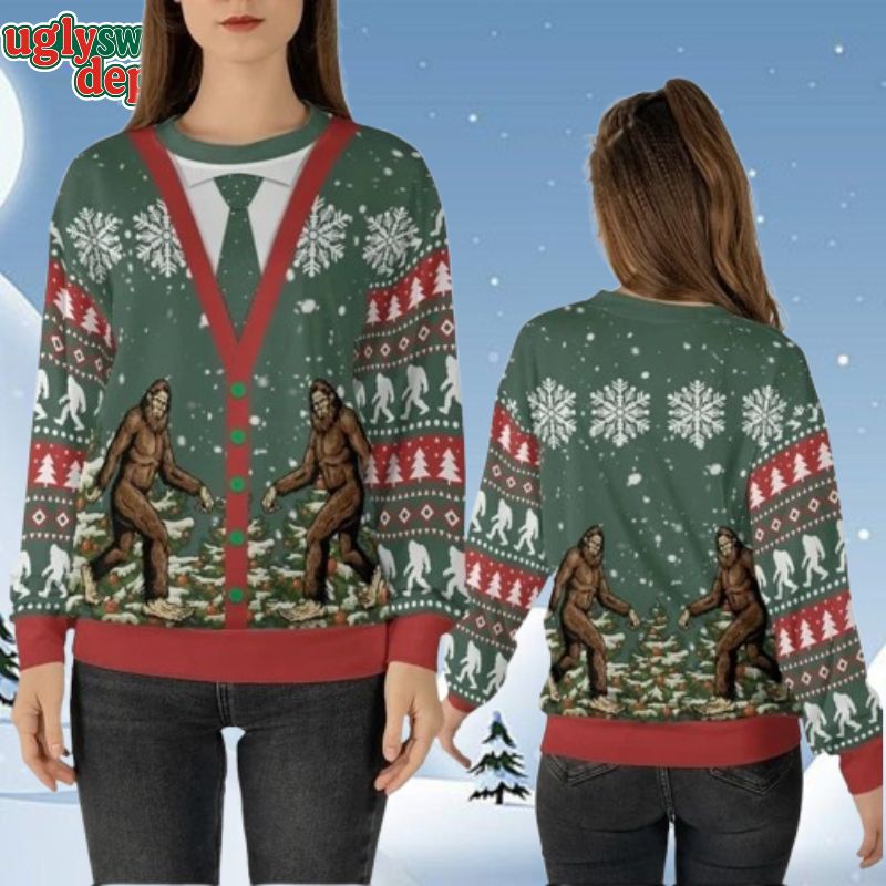 Bigfoot Walking On Pine Tree Christmas Ugly Sweater