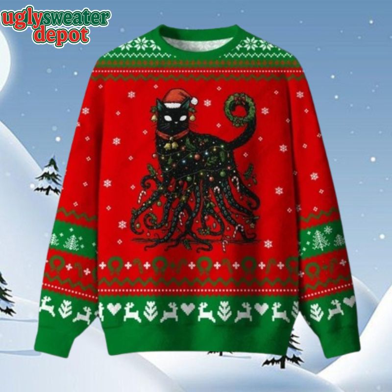 Black Cat Octopus Santa Hat Knitted Ugly Christmas Sweater