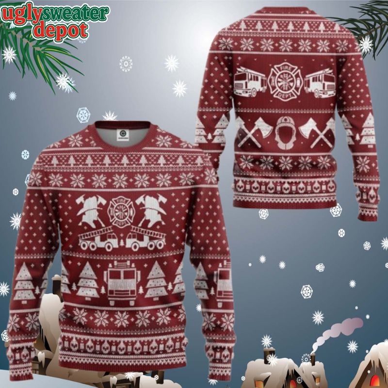 Christmas Pattern FIRE DEPT Firefighter Ugly Christmas Sweater