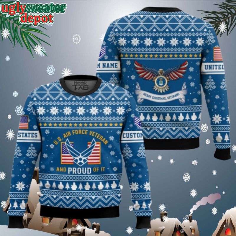 Custom Name And Rank US Air Force Proud Veteran Ugly Christmas Sweater