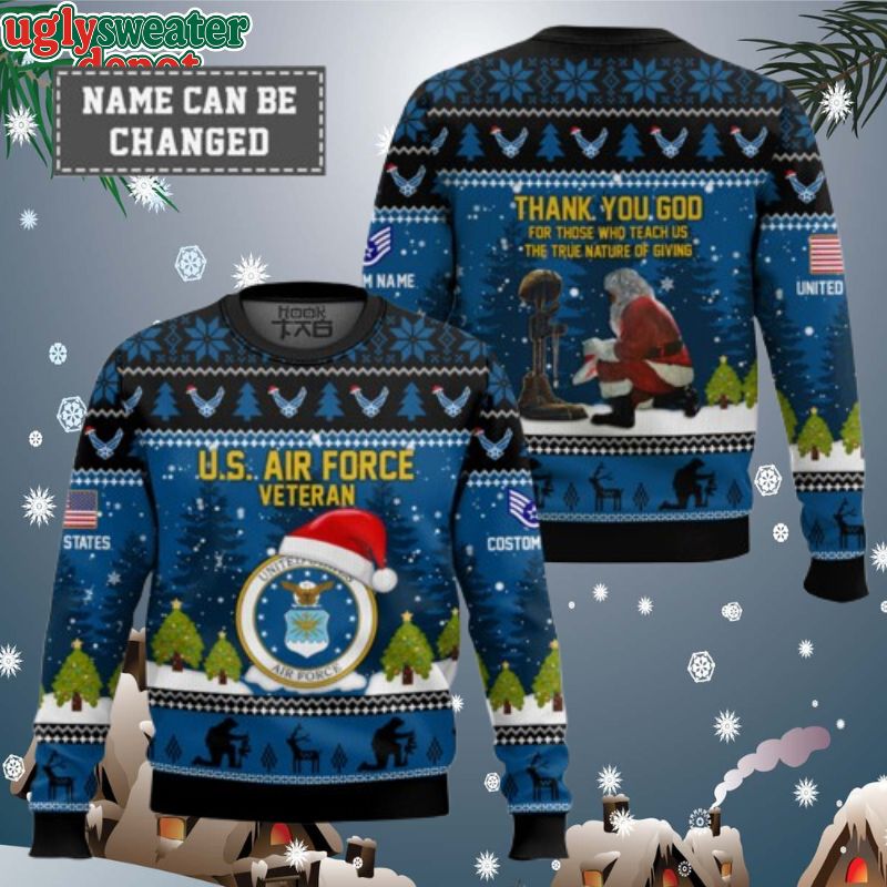 Custom Name And Rank US Air Force Thank You God Ugly Christmas Sweater