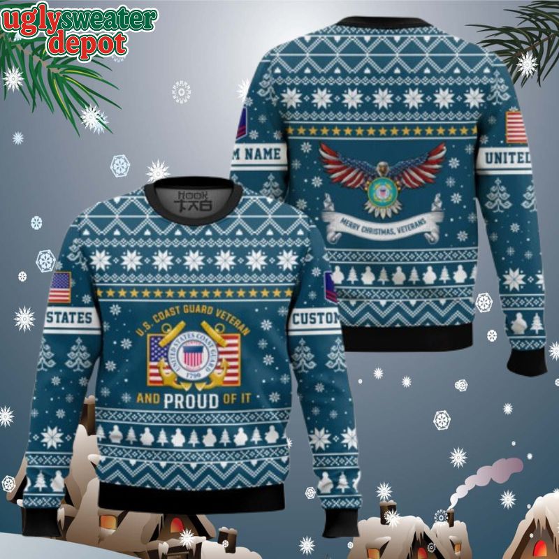 Custom Name And Rank US Coast Guard Proud Veteran Ugly Christmas Sweater