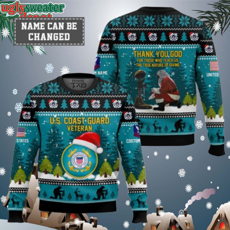 Custom Name And Rank US Coast Guard Thank You God Ugly Christmas Sweater