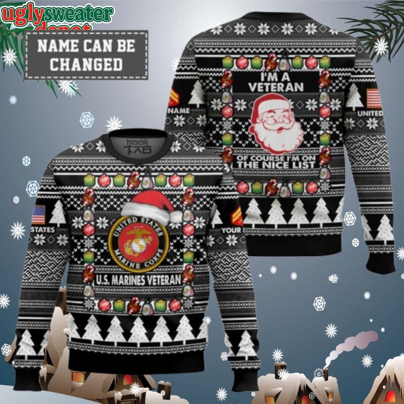 Custom Name And Rank US Marine Corps I’m A Veteran Ugly Christmas Sweater