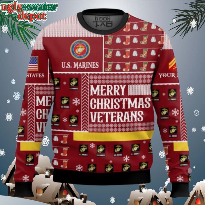 Custom Name And Rank US Marine Corps Merry Christmas Veterans Ugly Christmas Sweater