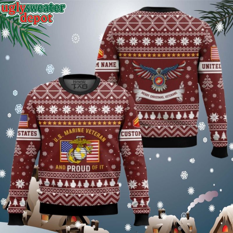 Custom Name And Rank US Marine Corps Proud Veteran Ugly Christmas Sweater