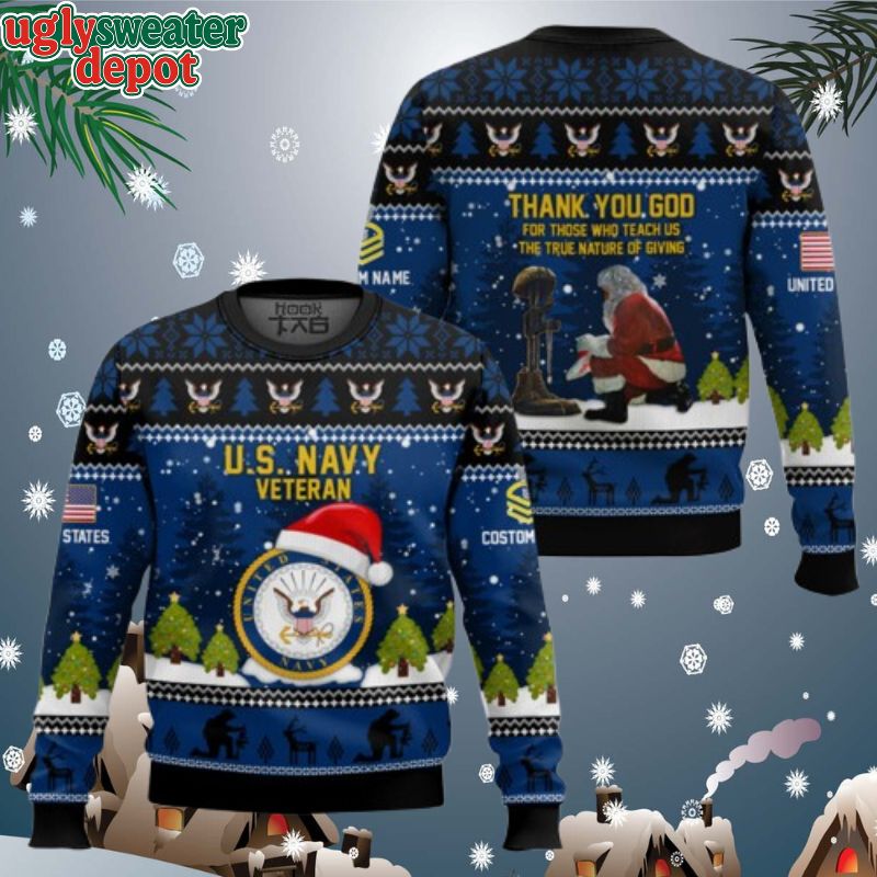 Custom Name And Rank US Navy Thank You God Ugly Christmas Sweater