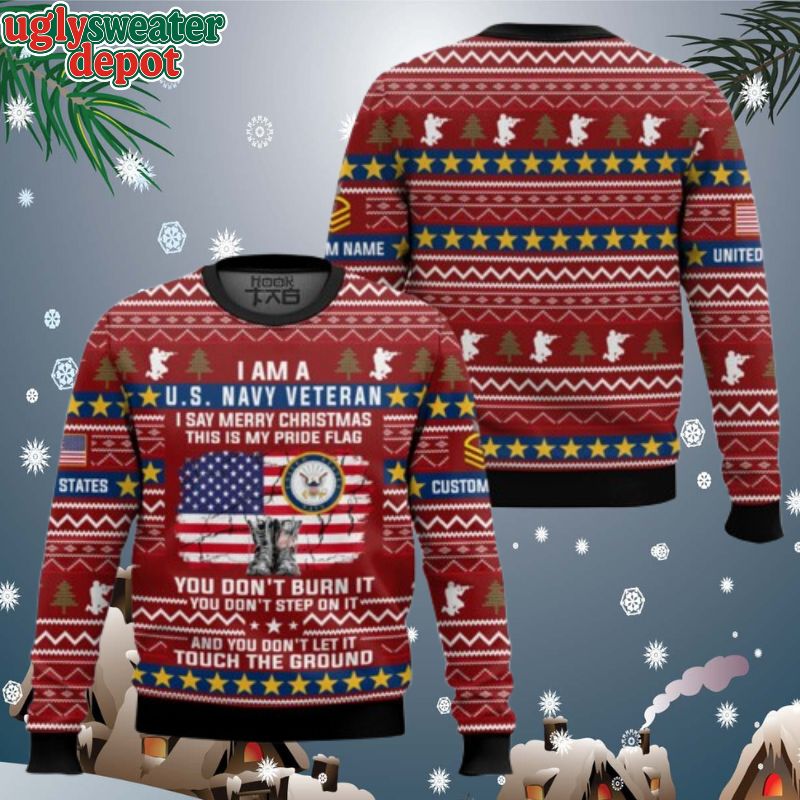 Custom Name And Rank US Navy This Is My Pride Flag Ugly Christmas Sweater