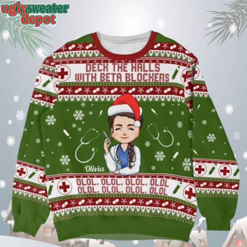 Custom Name Deck The Halls With Beta Blockers Ugly Christmas Sweater
