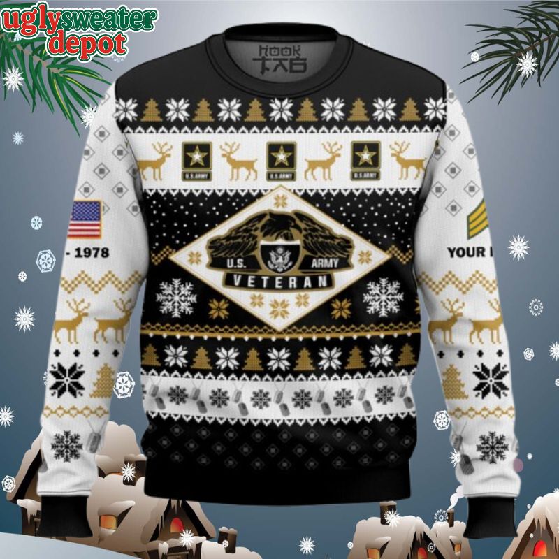 Custom Name, Rank And Years Of Service US Army Veterans Ugly Christmas Sweater