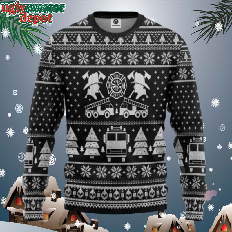 FIRE DEPT Firefighter Black Theme Ugly Christmas Sweater