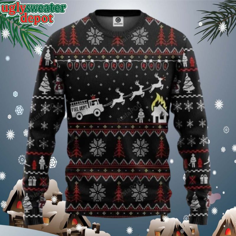 Firefighter Christmas Reindeer Pulling a Fire Truck Ugly Christmas Sweater