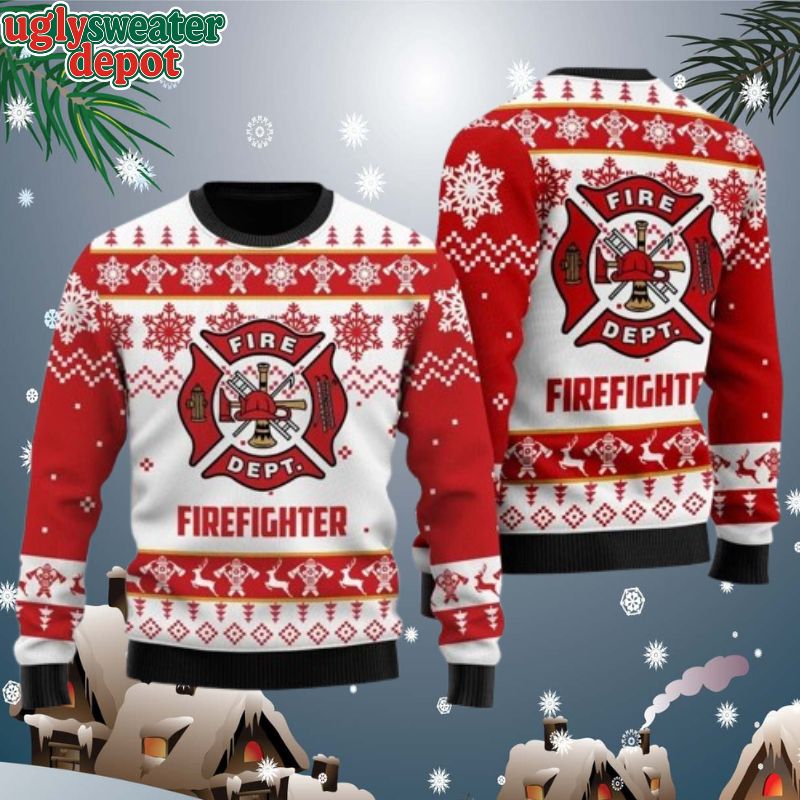 Firefighter Fire Dept Red And White Theme Ugly Christmas Sweater