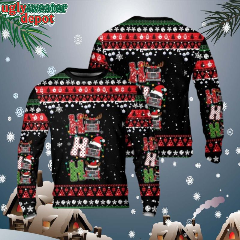 Firefighter Fire Truck Ho Ho Ho Funny Knitted Ugly Christmas Sweater