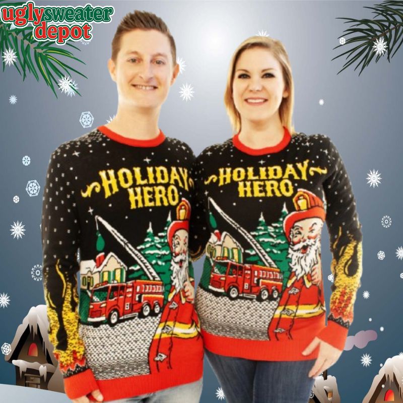 Firefighter Holiday Hero Santa Claus Ugly Christmas Sweater