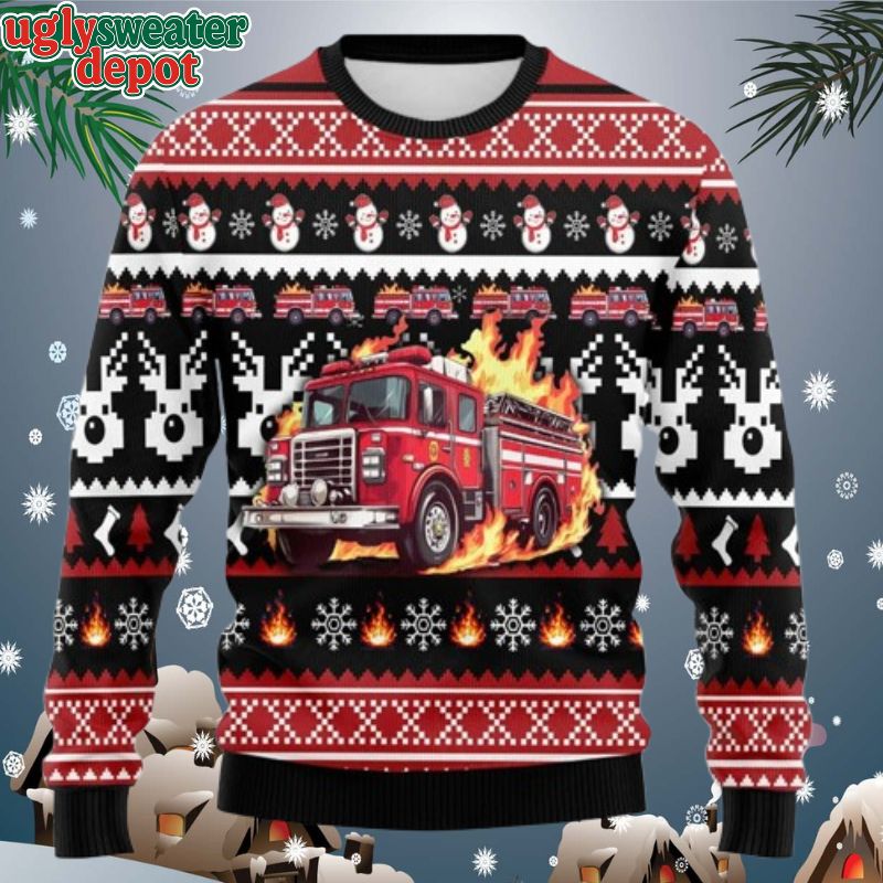 Firefighter On Fire Christmas Graphic Snowman Ugly Christmas Sweater