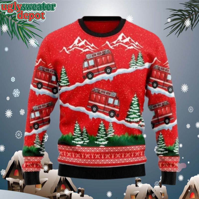 Firefighter Red Truck Go Everywhere Ugly Christmas Sweater