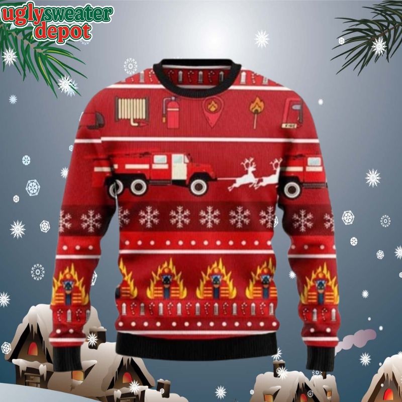 Firefighter Reindeer Snowflake Red Theme Ugly Christmas Sweater