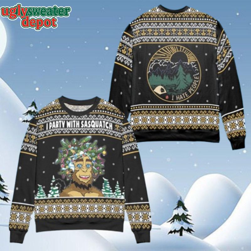 I Party With Sasquatch Bigfoot Hair Pine Decor Christmas Ugly Sweater