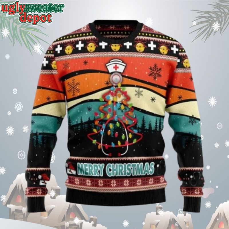 Merry Christmas Nurse Pine Tree Vintage Ugly Christmas Sweater