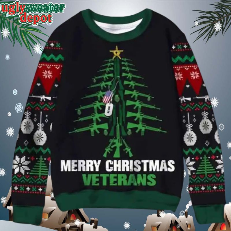 Merry Christmas Veterans Guns Pine Tree Ugly Christmas Sweater