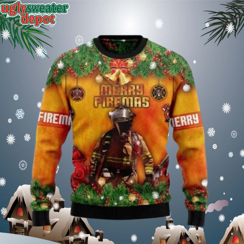 Merry Firemas Firefighter Hero Ugly Christmas Sweater