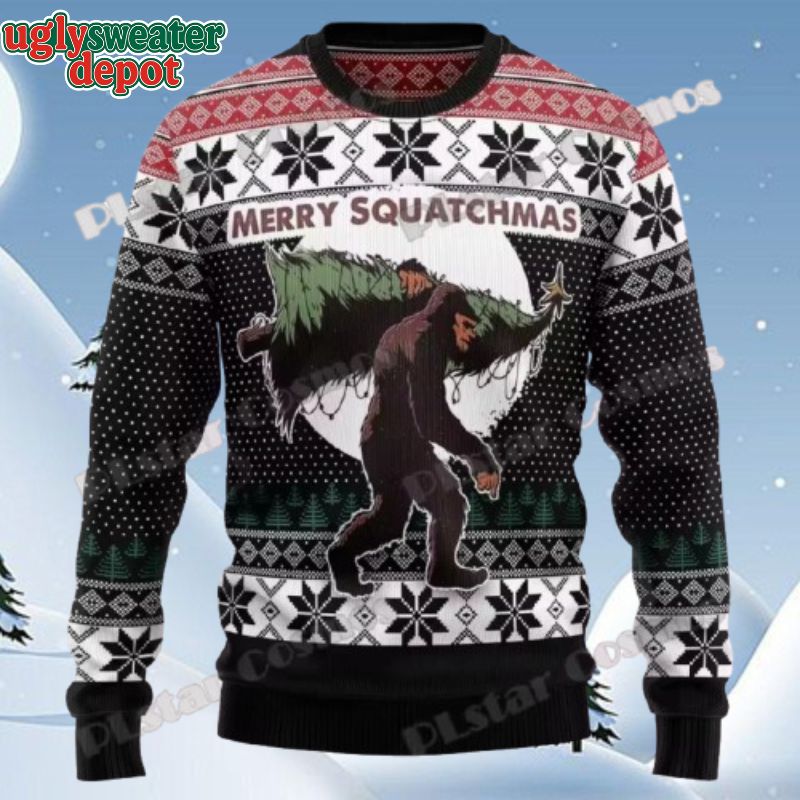 Merry Squatchmas Bigfoot Decorate Christmas With Pine Tree Funny Ugly Xmas Sweater