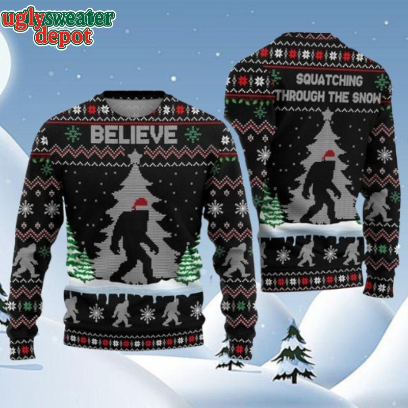 Santa Bigfoot Squatching Through The Snow Christmas Ugly Sweater