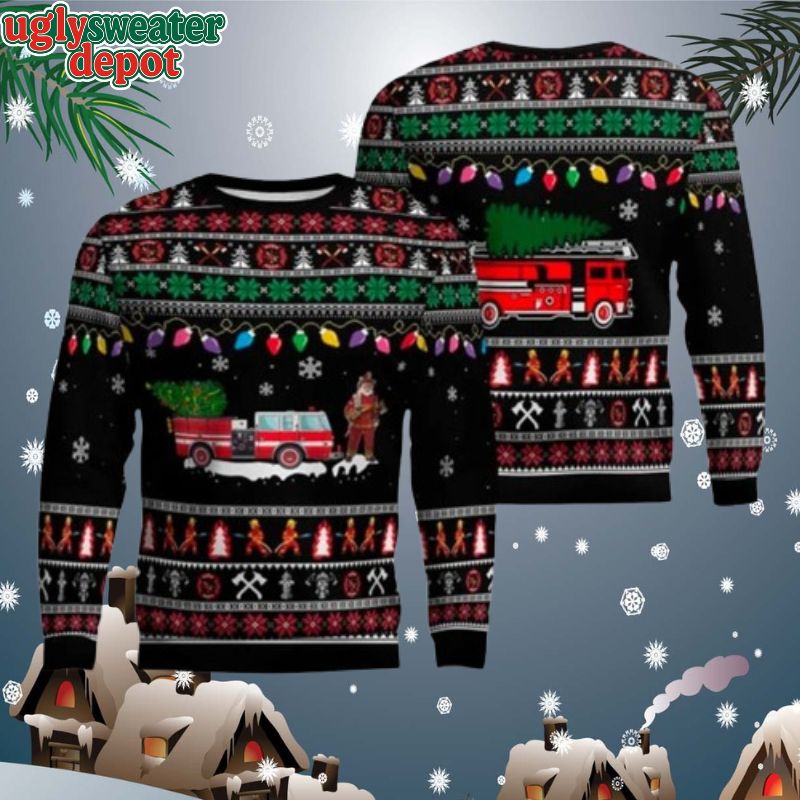 Santa Firefighter  Truck Neon Decor Ugly Christmas Sweater