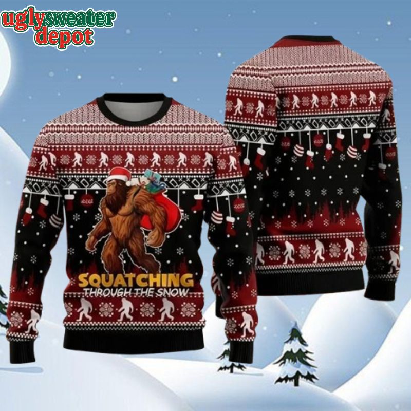 Squatching Through The Snow Santa Bigfoot Delivery Gift Ugly Christmas Sweater