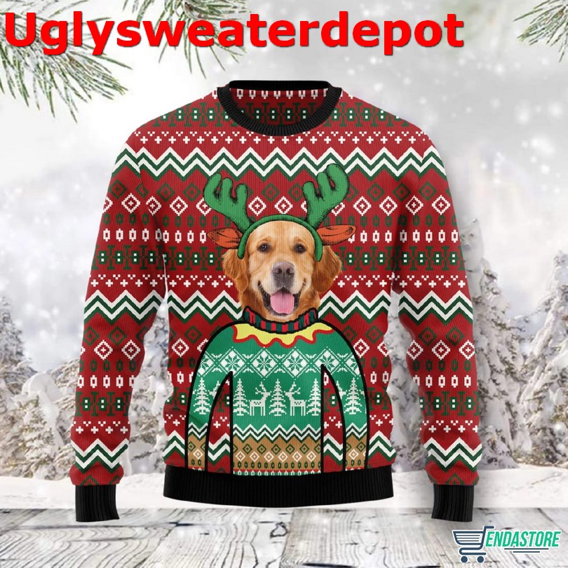Golden retriever in the snow Christmas sweater
